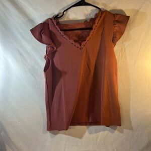 SHEIN Rust Lace Trim V-Neck Blouse